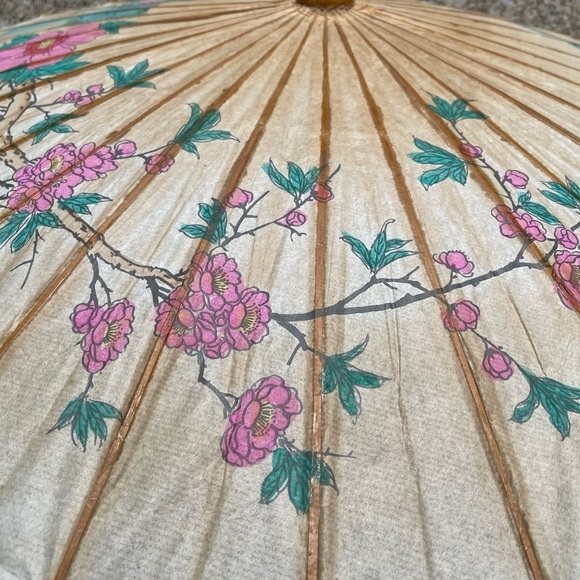 Vintage Rice Paper Umbrella Japanese Bamboo and Wood with Birds Floral F… - Picture 8 of 8